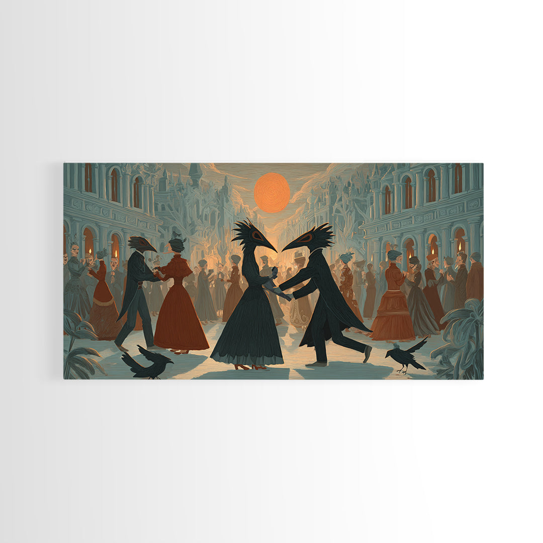 The Raven-Masked Ballroom - Environmental Panorama, Macabre Halloween Art, Wide Panoramic Art, Framed Canvas Print, Halloween Home Decor
