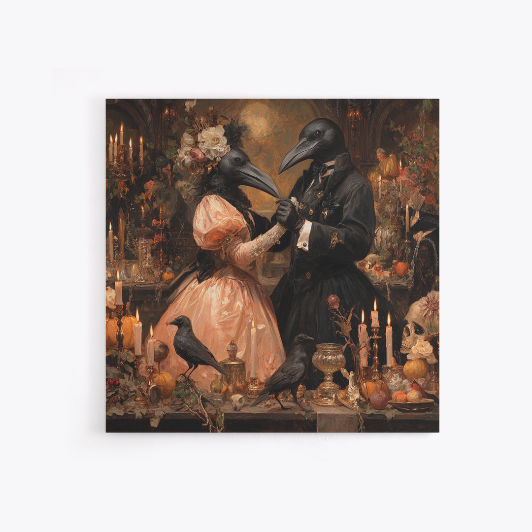 The Raven-Masked Ballroom - Occult Still Life, Spooky Wall Decor, Square Wall Art, Framed Canvas Print, Halloween Home Decor