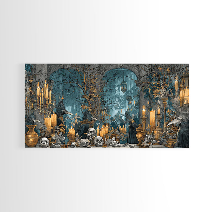 The Raven-Masked Ballroom - Occult Still Life, Halloween Wall Art, Wide Panoramic Art, Framed Canvas Print, Halloween Home Decor