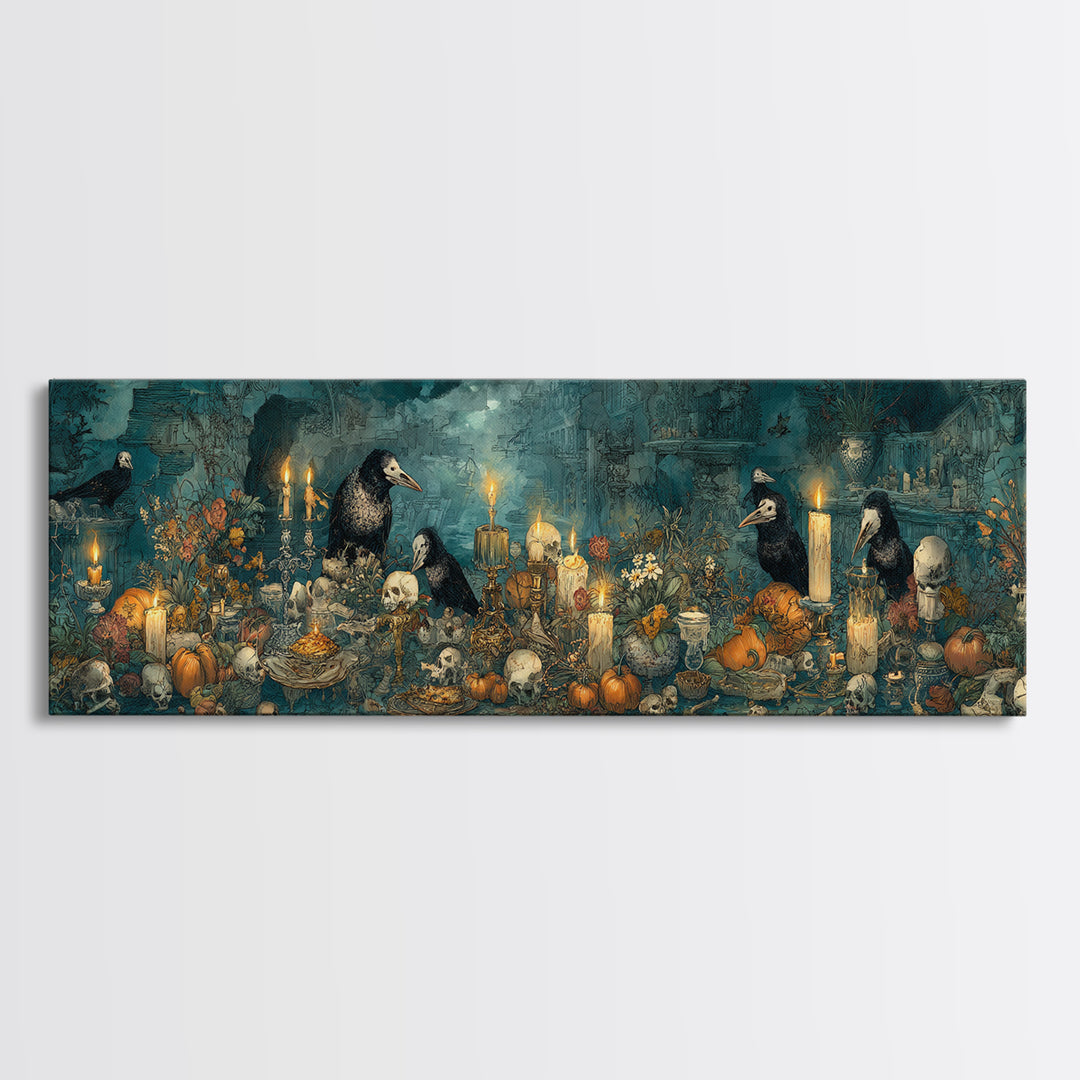 The Raven-Masked Ballroom - Occult Still Life, Halloween Wall Art, Extra Wide Wall Art, Framed Canvas Print, Halloween Home Decor