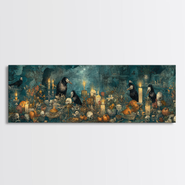 The Raven-Masked Ballroom - Occult Still Life, Halloween Wall Art, Extra Wide Wall Art, Framed Canvas Print, Halloween Home Decor