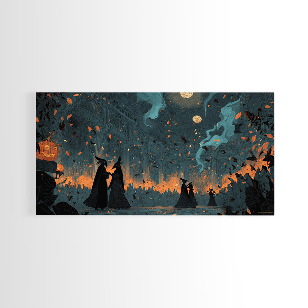 The Raven-Masked Ballroom - Procession Scene, Spooky Wall Decor, Wide Panoramic Art, Framed Canvas Print, Halloween Home Decor