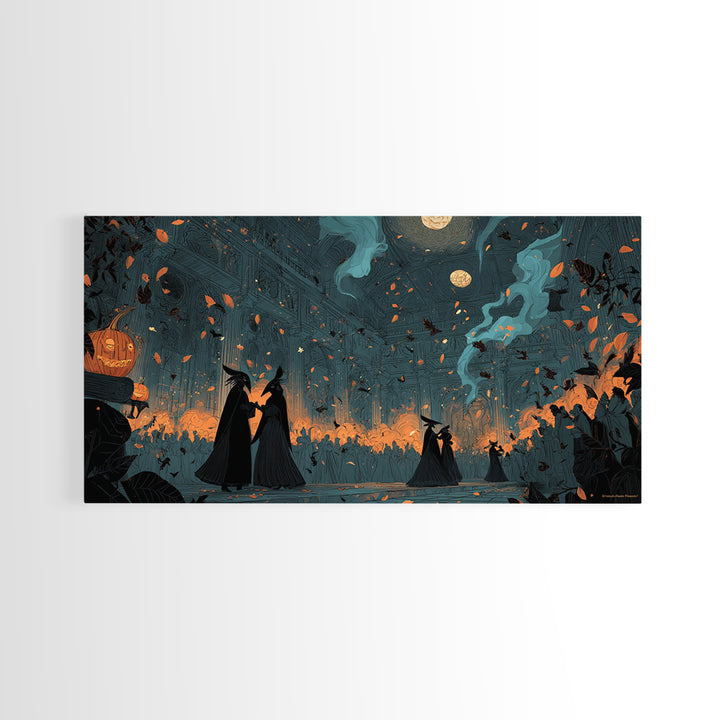 The Raven-Masked Ballroom - Procession Scene, Spooky Wall Decor, Wide Panoramic Art, Framed Canvas Print, Halloween Home Decor