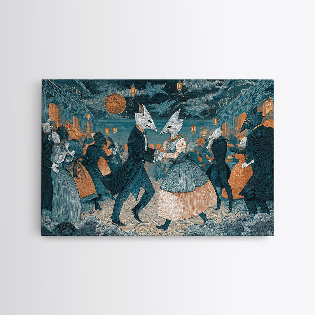 The Raven-Masked Ballroom - Surreal Celestial Vision, Halloween Wall Art, Landscape Wall Art, Framed Canvas Print, Halloween Home Decor