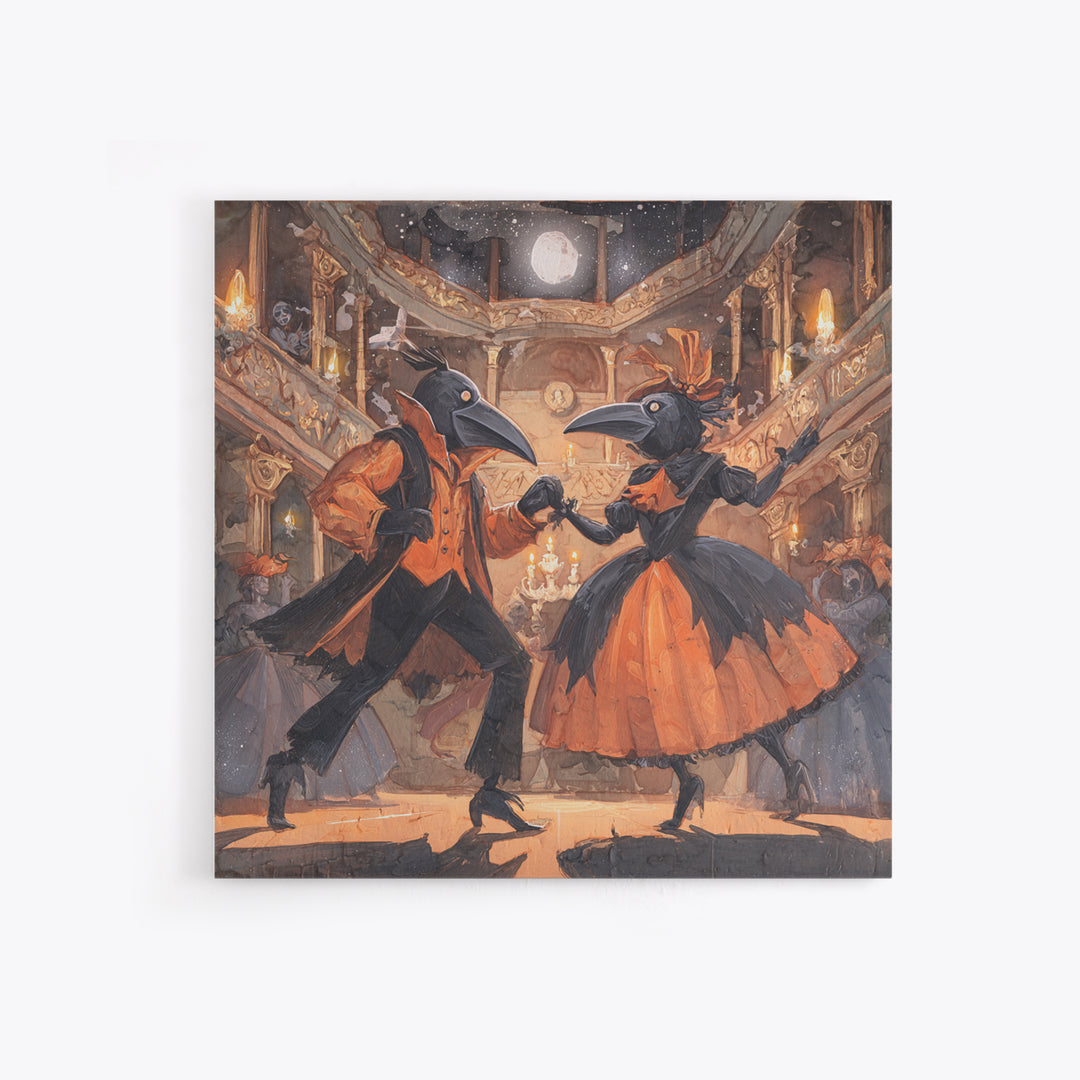 The Raven-Masked Ballroom - Surreal Celestial Vision, Macabre Halloween Art, Square Wall Art, Framed Canvas Print, Halloween Home Decor