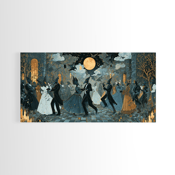 The Raven-Masked Ballroom - Surreal Celestial Vision, Occult Wall Decor, Wide Panoramic Art, Canvas Print, Halloween Home Decor