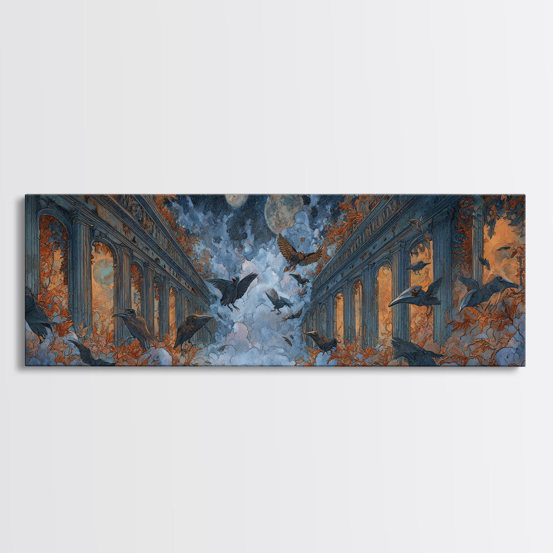 The Raven-Masked Ballroom - Surreal Celestial Vision, Dark Fantasy Wall Art, Extra Wide Wall Art, Canvas Print, Halloween Home Decor