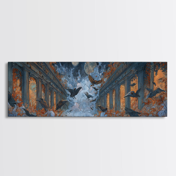 The Raven-Masked Ballroom - Surreal Celestial Vision, Dark Fantasy Wall Art, Extra Wide Wall Art, Canvas Print, Halloween Home Decor