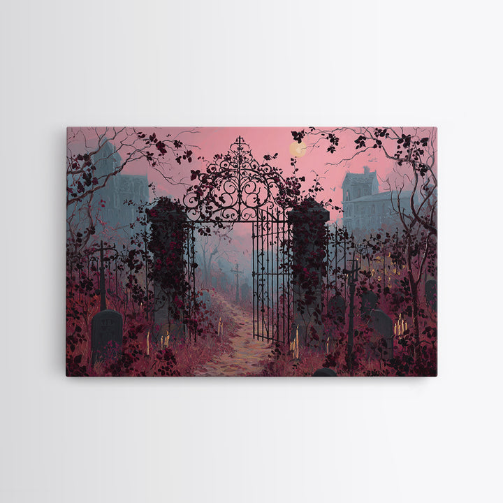 The Black Rose Cemetery Gate - Environmental Panorama, Macabre Halloween Art, Landscape Wall Art, Framed Canvas Print, Halloween Home Decor
