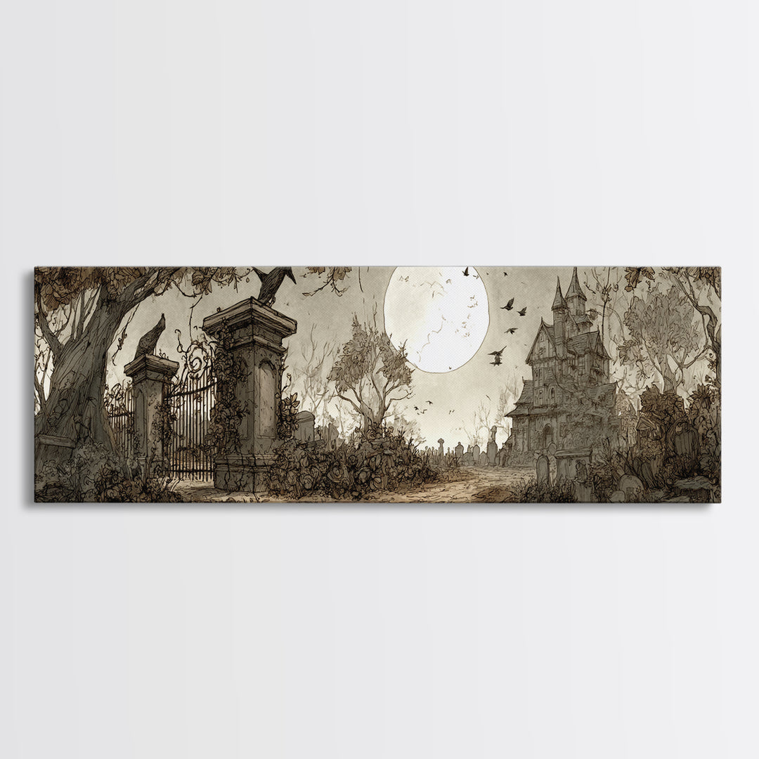 The Black Rose Cemetery Gate - Environmental Panorama, Macabre Halloween Art, Extra Wide Wall Art, Framed Canvas Print, Halloween Home Decor