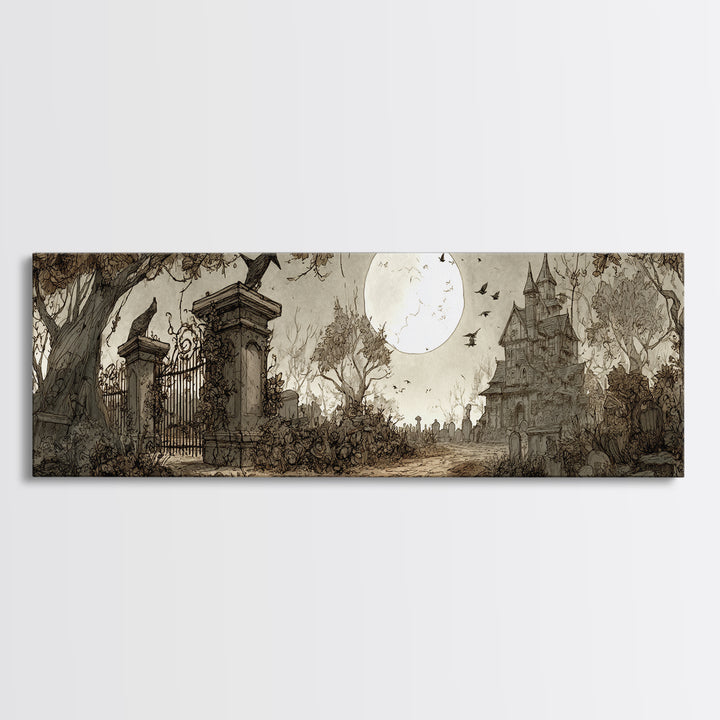 The Black Rose Cemetery Gate - Environmental Panorama, Macabre Halloween Art, Extra Wide Wall Art, Framed Canvas Print, Halloween Home Decor