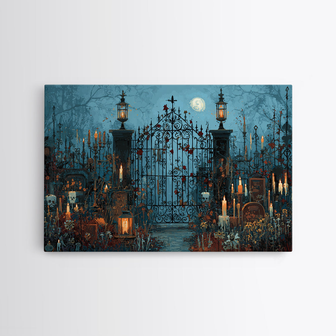 The Black Rose Cemetery Gate - Occult Still Life, Macabre Halloween Art, Landscape Wall Art, Framed Canvas Print, Halloween Home Decor