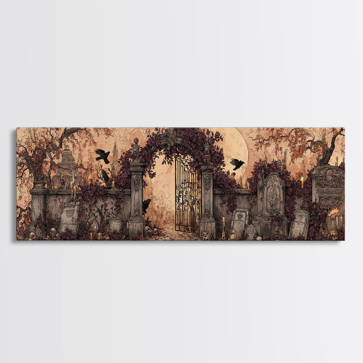 The Black Rose Cemetery Gate - Occult Still Life, Spooky Wall Decor, Extra Wide Wall Art, Framed Canvas Print, Halloween Home Decor
