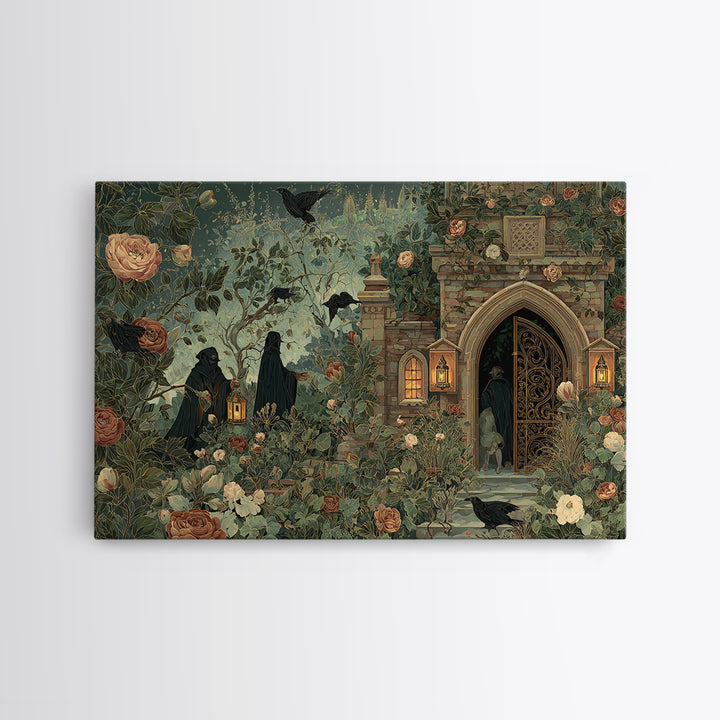The Black Rose Cemetery Gate - Procession Scene, Macabre Halloween Art, Landscape Wall Art, Framed Canvas Print, Halloween Home Decor