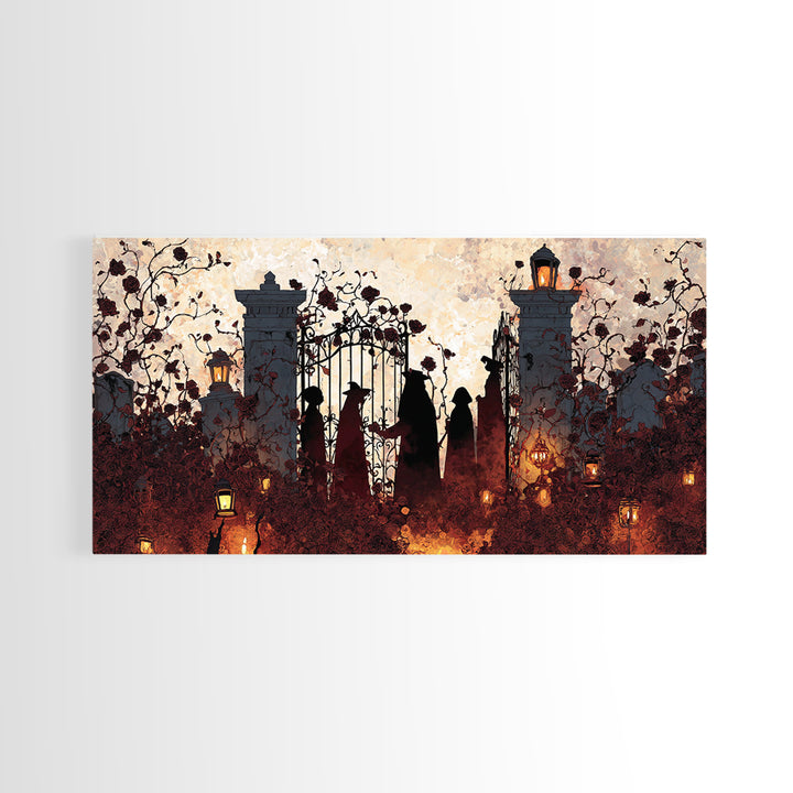 The Black Rose Cemetery Gate - Procession Scene, Spooky Wall Decor, Wide Panoramic Art, Framed Canvas Print, Halloween Home Decor