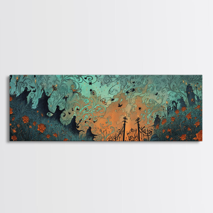 The Black Rose Cemetery Gate - Procession Scene, Dark Fantasy Wall Art, Extra Wide Wall Art, Canvas Print, Halloween Home Decor