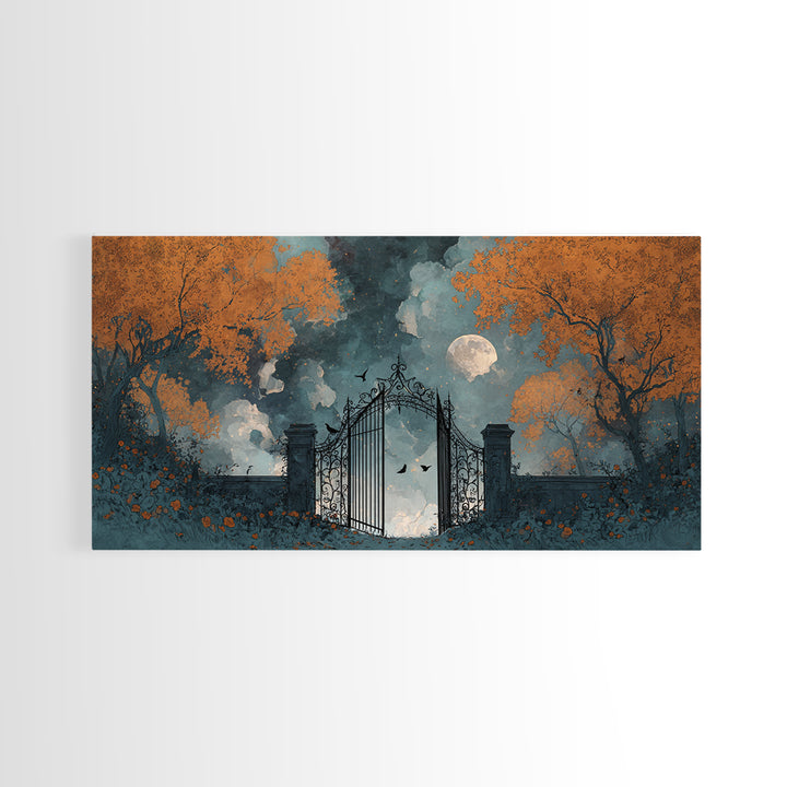 The Black Rose Cemetery Gate - Surreal Celestial Vision, Occult Wall Decor, Wide Panoramic Art, Canvas Print, Halloween Home Decor