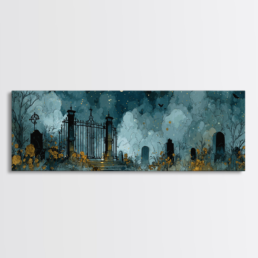 The Black Rose Cemetery Gate - Surreal Celestial Vision, Halloween Wall Art, Extra Wide Wall Art, Framed Canvas Print, Halloween Home Decor