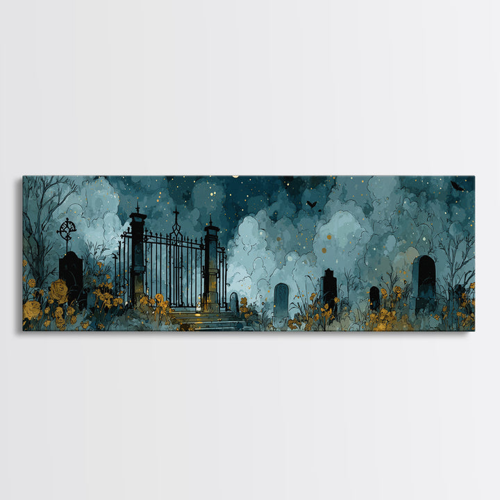 The Black Rose Cemetery Gate - Surreal Celestial Vision, Halloween Wall Art, Extra Wide Wall Art, Framed Canvas Print, Halloween Home Decor