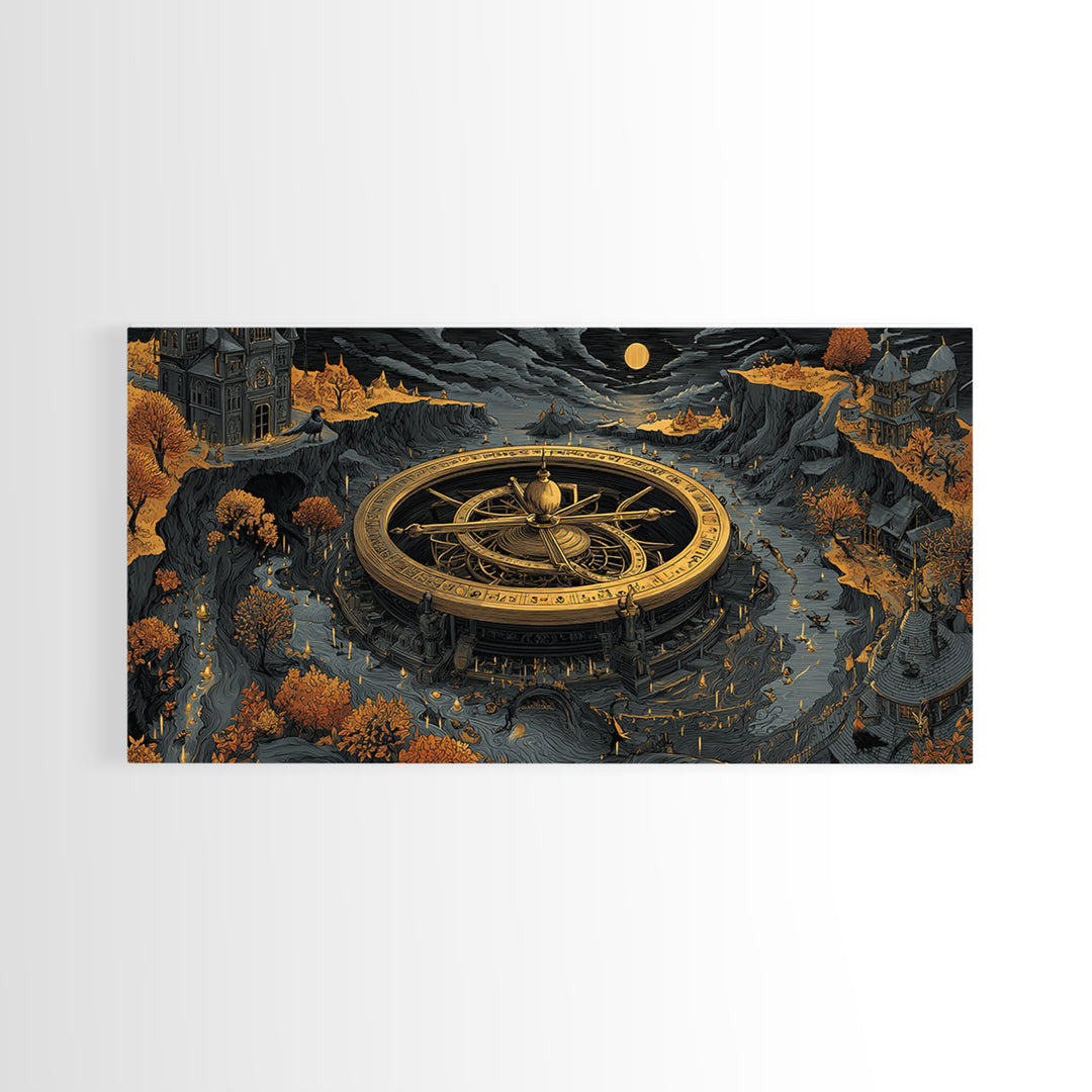 The Cursed Astrolabe - Environmental Panorama, Spooky Wall Decor, Wide Panoramic Art, Framed Canvas Print, Halloween Home Decor