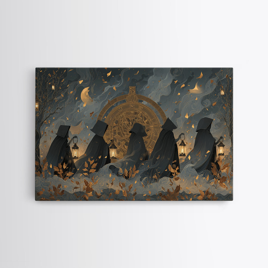 The Cursed Astrolabe - Procession Scene, Macabre Halloween Art, Landscape Wall Art, Framed Canvas Print, Halloween Home Decor