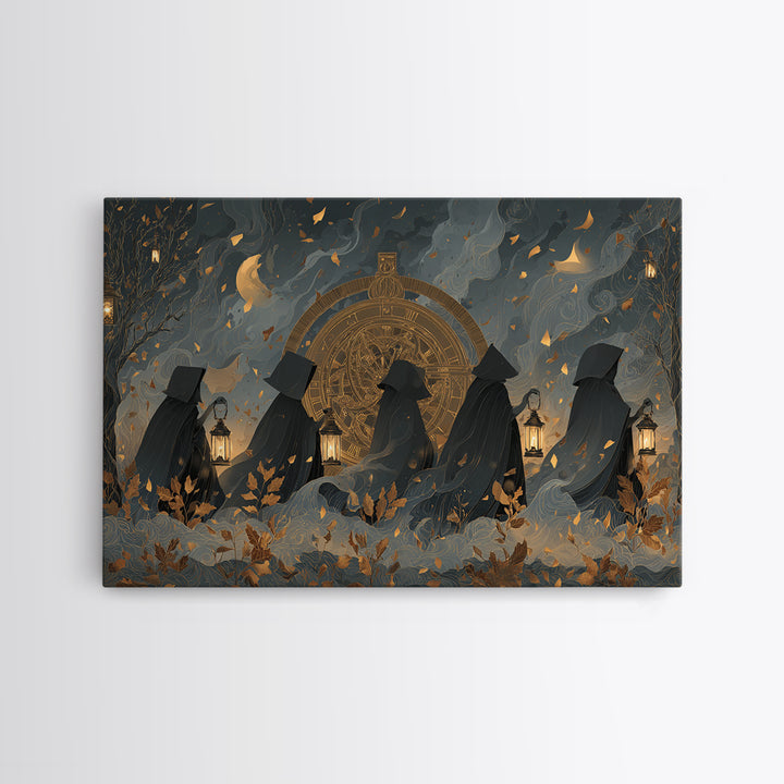 The Cursed Astrolabe - Procession Scene, Macabre Halloween Art, Landscape Wall Art, Framed Canvas Print, Halloween Home Decor