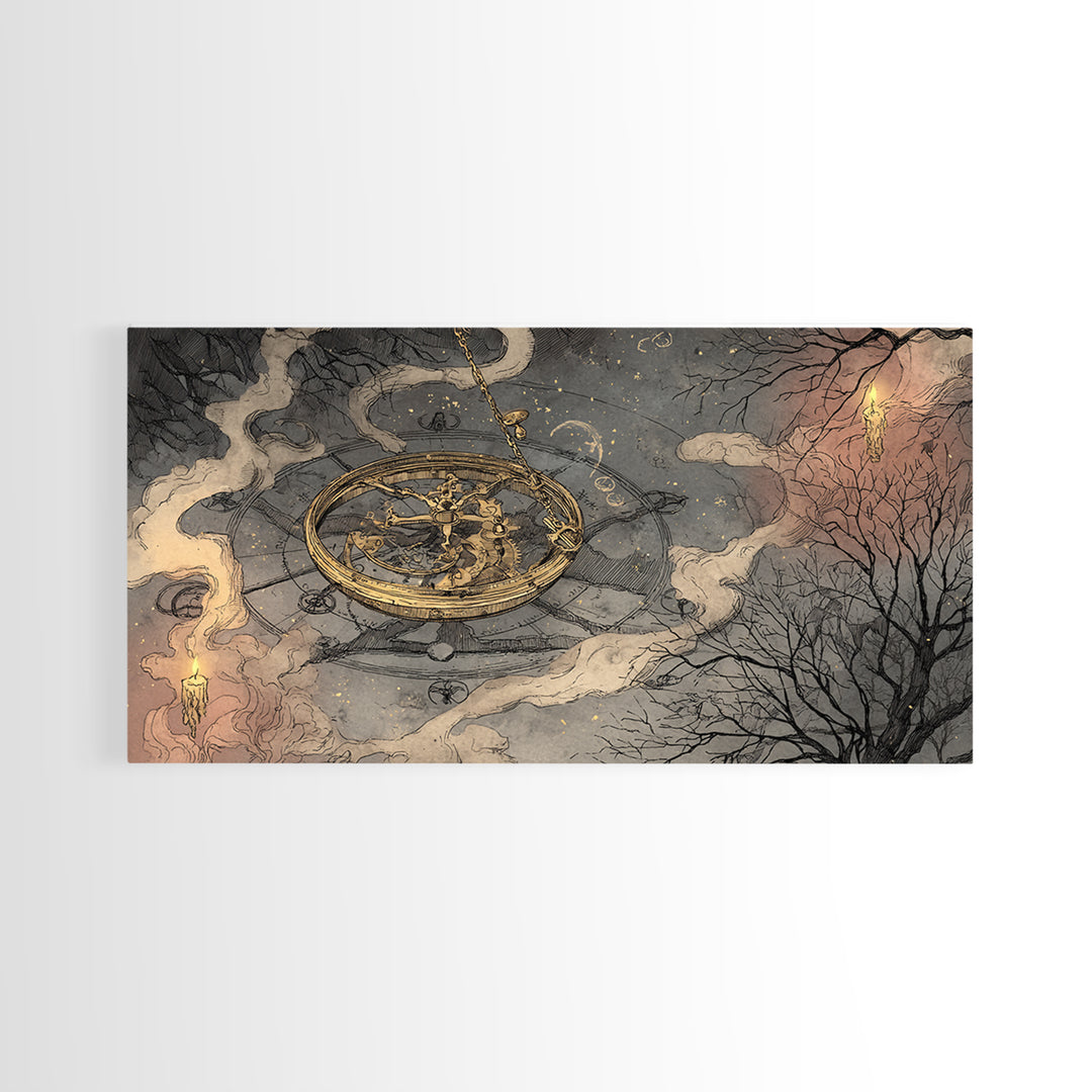 The Cursed Astrolabe - Surreal Celestial Vision, Halloween Wall Art, Wide Panoramic Art, Framed Canvas Print, Halloween Home Decor