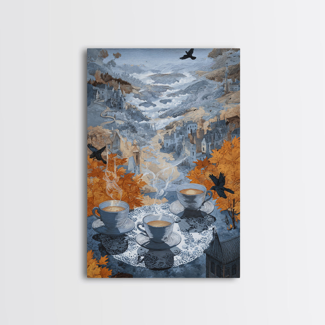The Haunted Teacup Seance - Environmental Panorama, Spooky Wall Decor, Vertical Wall Art, Framed Canvas Print, Halloween Home Decor