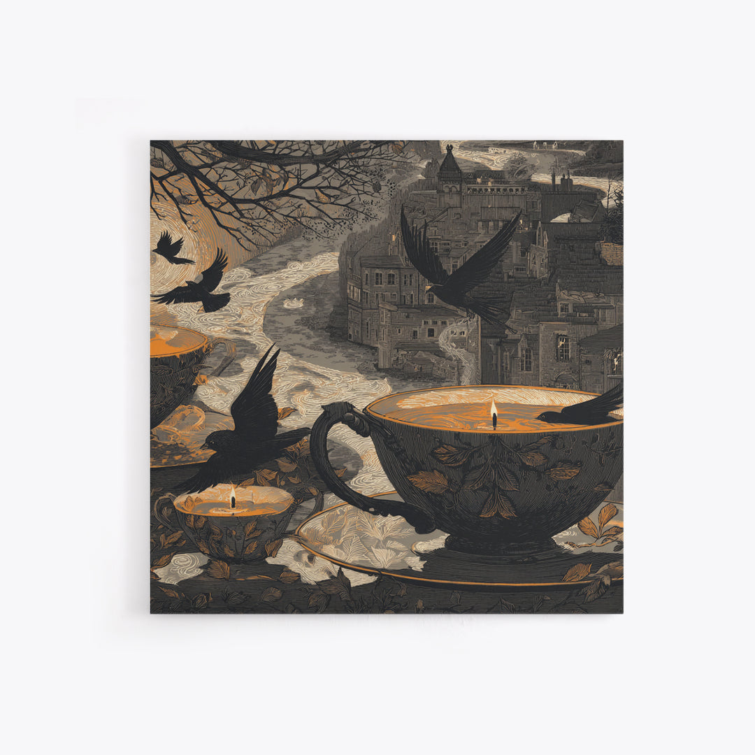 The Haunted Teacup Seance - Environmental Panorama, Dark Fantasy Wall Art, Square Wall Art, Canvas Print, Halloween Home Decor