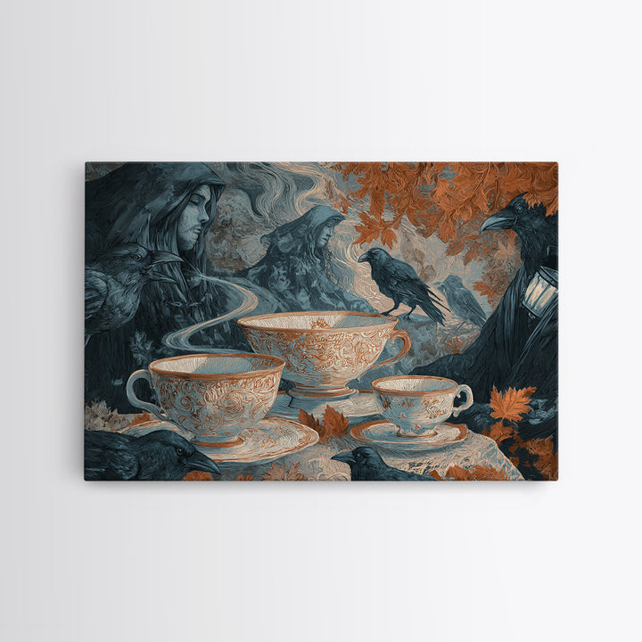 The Haunted Teacup Seance - Procession Scene, Macabre Halloween Art, Landscape Wall Art, Framed Canvas Print, Halloween Home Decor