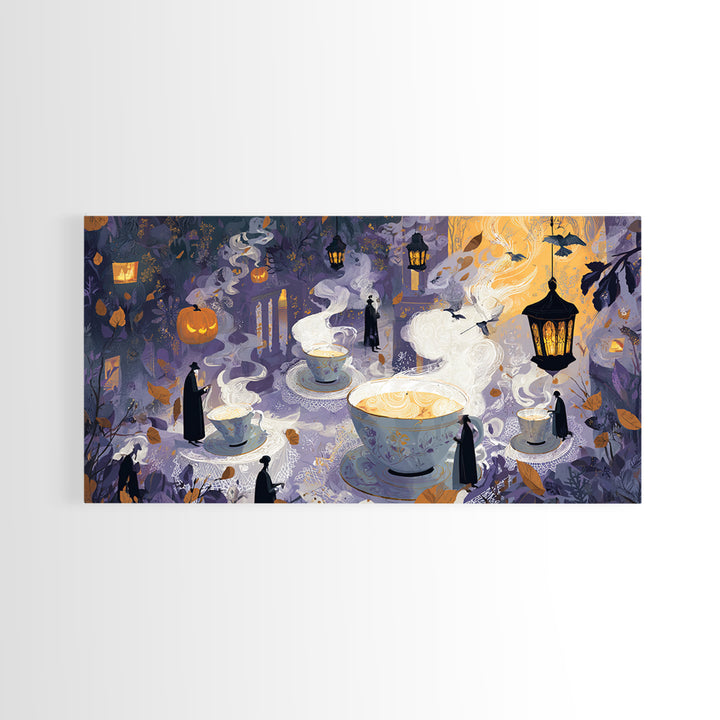 The Haunted Teacup Seance - Procession Scene, Dark Fantasy Wall Art, Wide Panoramic Art, Canvas Print, Halloween Home Decor, Gothic Wall Art