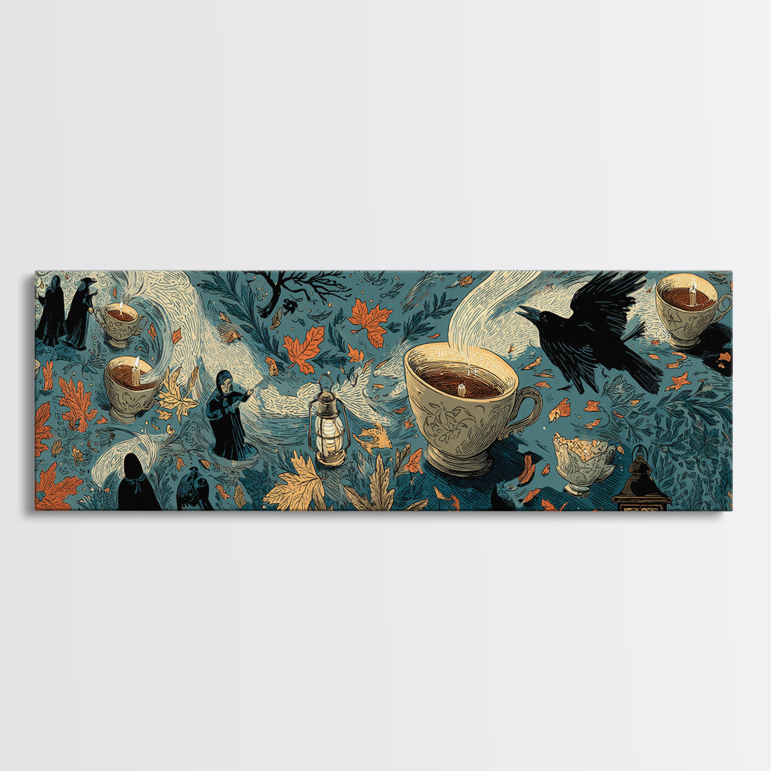 The Haunted Teacup Seance - Procession Scene, Occult Wall Decor, Extra Wide Wall Art, Canvas Print, Halloween Home Decor, Gothic Wall Art