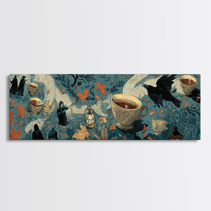 The Haunted Teacup Seance - Procession Scene, Occult Wall Decor, Extra Wide Wall Art, Canvas Print, Halloween Home Decor, Gothic Wall Art