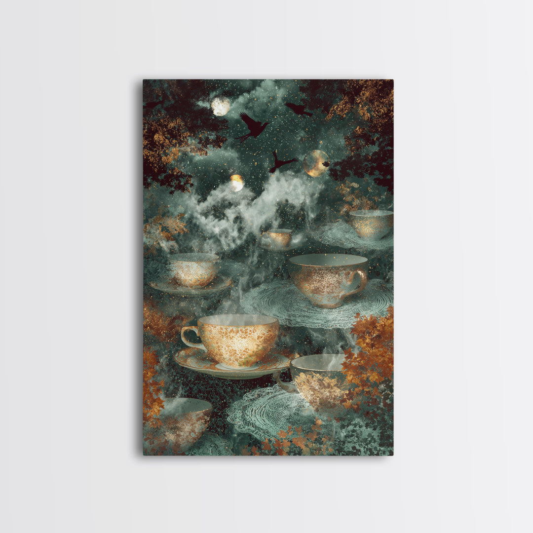 The Haunted Teacup Seance - Surreal Celestial Vision, Gothic Home Decor, Vertical Wall Art, Canvas Print, Halloween Home Decor