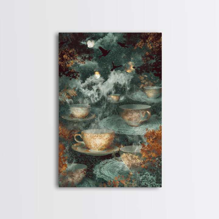 The Haunted Teacup Seance - Surreal Celestial Vision, Gothic Home Decor, Vertical Wall Art, Canvas Print, Halloween Home Decor