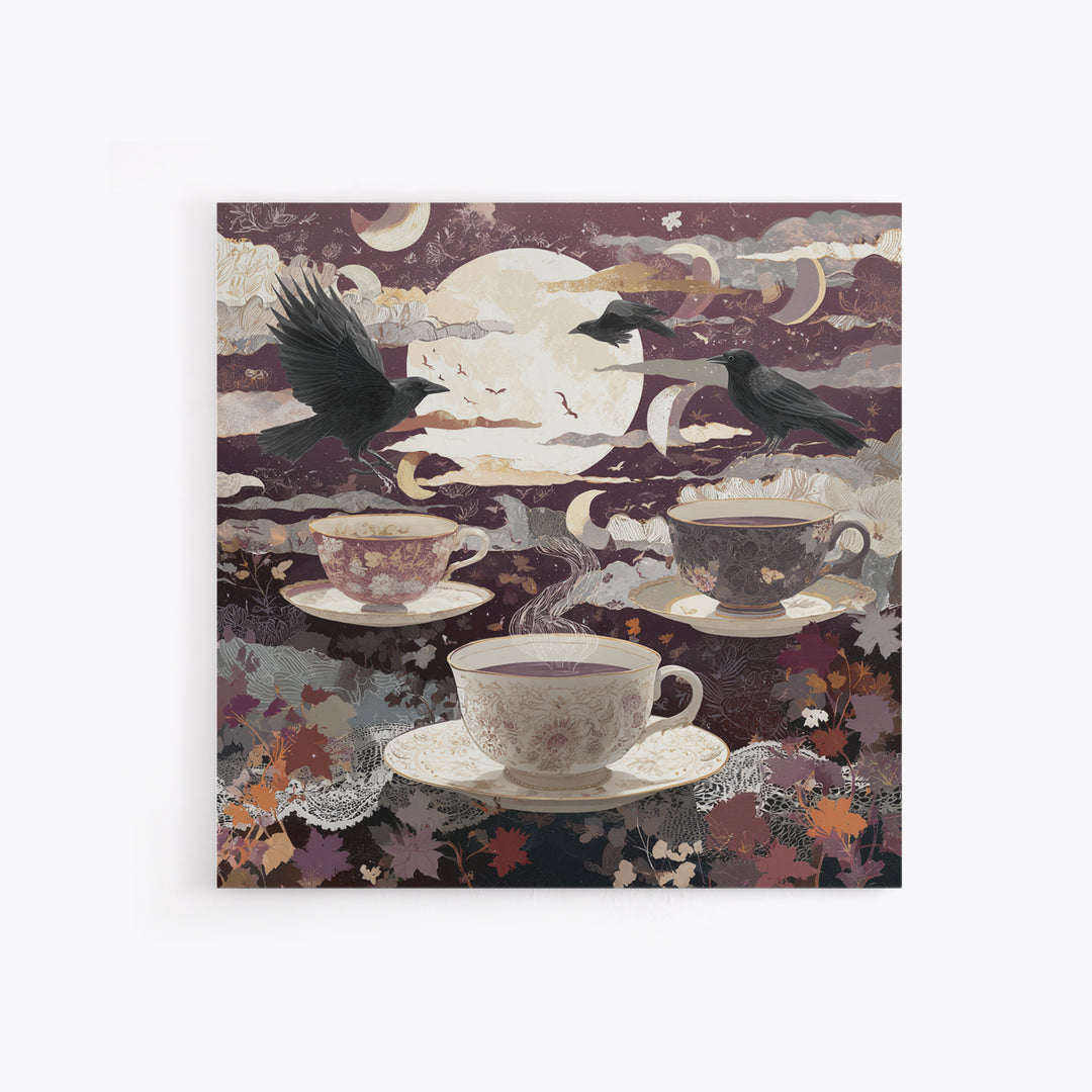 The Haunted Teacup Seance - Surreal Celestial Vision, Occult Wall Decor, Square Wall Art, Canvas Print, Halloween Home Decor
