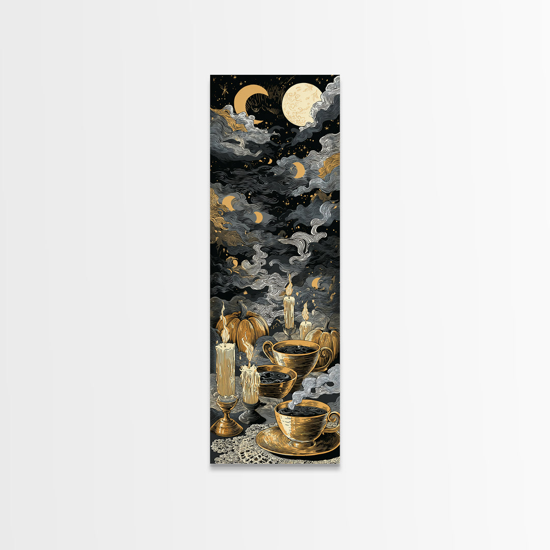 The Haunted Teacup Seance - Surreal Celestial Vision, Macabre Halloween Art, Tall Narrow Wall Art, Framed Canvas Print, Halloween Home Decor