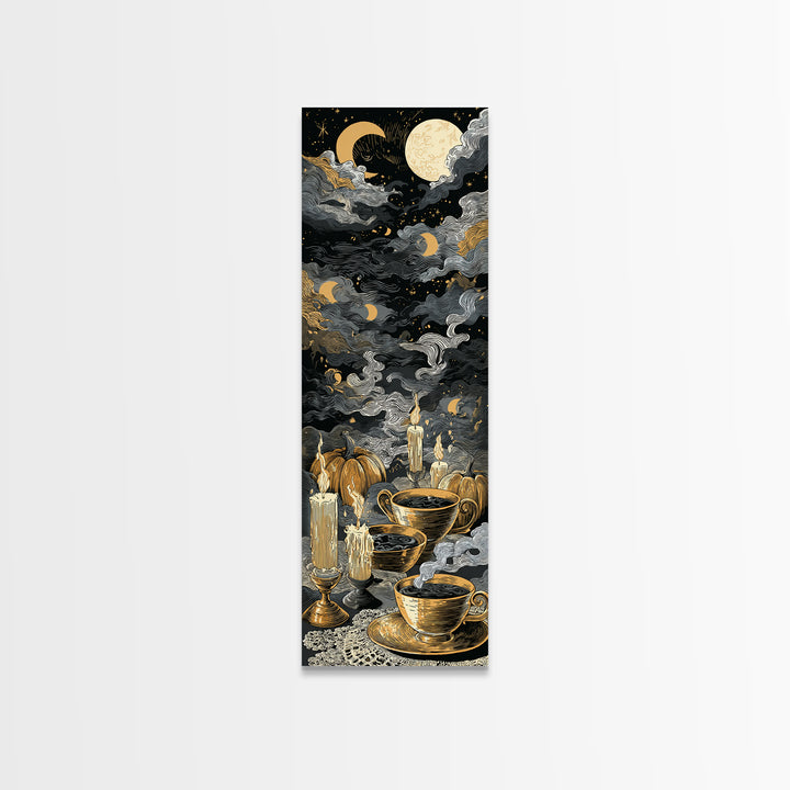 The Haunted Teacup Seance - Surreal Celestial Vision, Macabre Halloween Art, Tall Narrow Wall Art, Framed Canvas Print, Halloween Home Decor