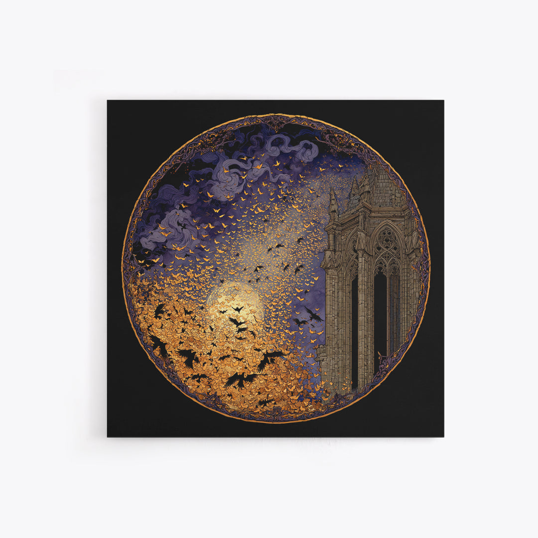 The Golden Bat Swarm - Icon Portrait, Gothic Home Decor, Square Wall Art, Canvas Print, Halloween Home Decor, Gothic Wall Art
