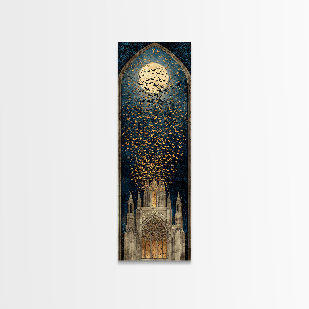 The Golden Bat Swarm - Icon Portrait, Macabre Halloween Art, Tall Narrow Wall Art, Framed Canvas Print, Halloween Home Decor