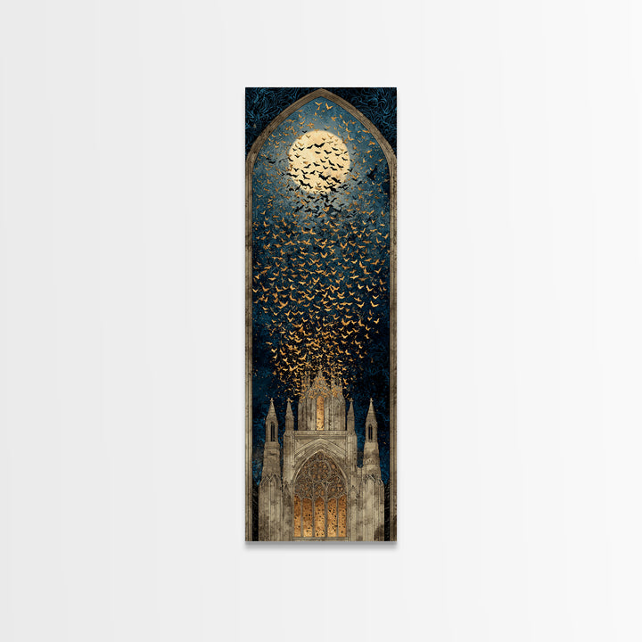 The Golden Bat Swarm - Icon Portrait, Macabre Halloween Art, Tall Narrow Wall Art, Framed Canvas Print, Halloween Home Decor