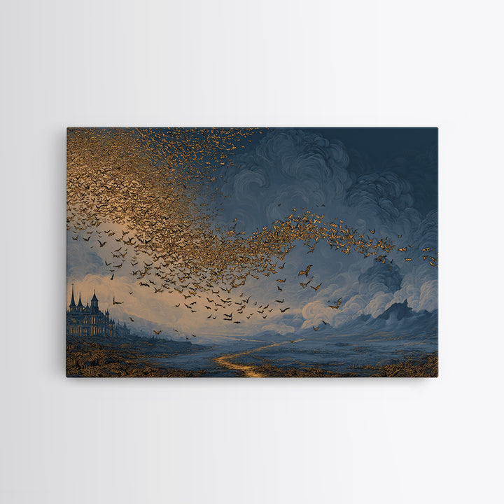 The Golden Bat Swarm - Environmental Panorama, Spooky Wall Decor, Landscape Wall Art, Framed Canvas Print, Halloween Home Decor