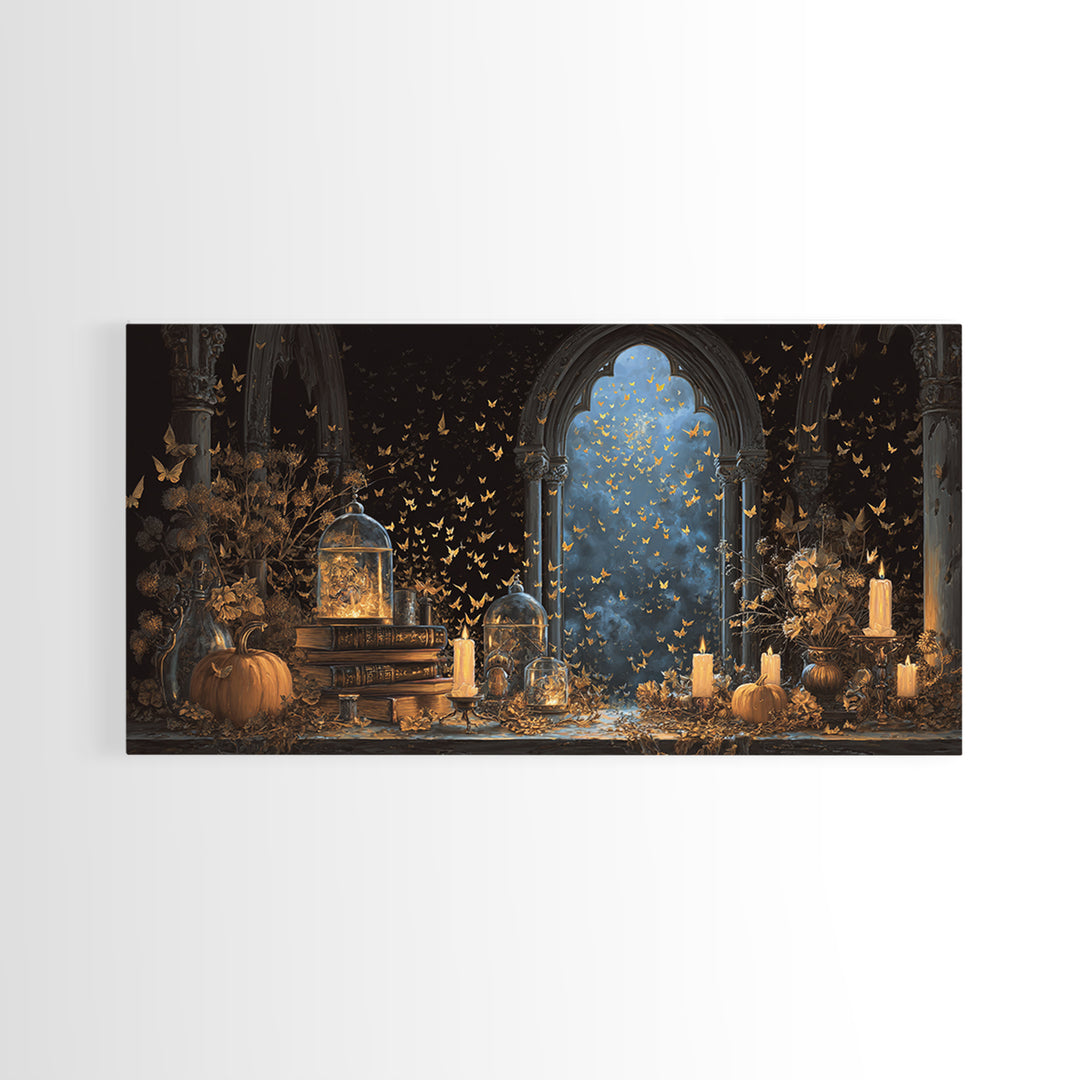 The Golden Bat Swarm - Occult Still Life, Gothic Home Decor, Wide Panoramic Art, Canvas Print, Halloween Home Decor, Gothic Wall Art