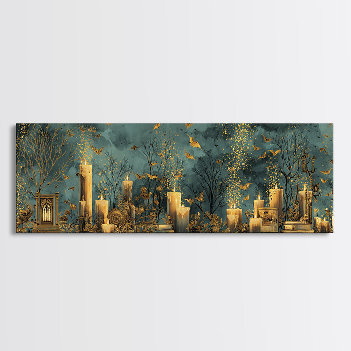The Golden Bat Swarm - Occult Still Life, Macabre Halloween Art, Extra Wide Wall Art, Framed Canvas Print, Halloween Home Decor