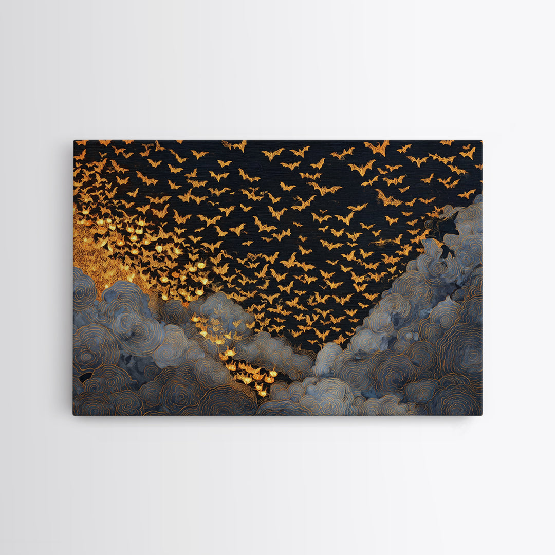 The Golden Bat Swarm - Procession Scene, Spooky Wall Decor, Landscape Wall Art, Framed Canvas Print, Halloween Home Decor, Gothic Wall Art