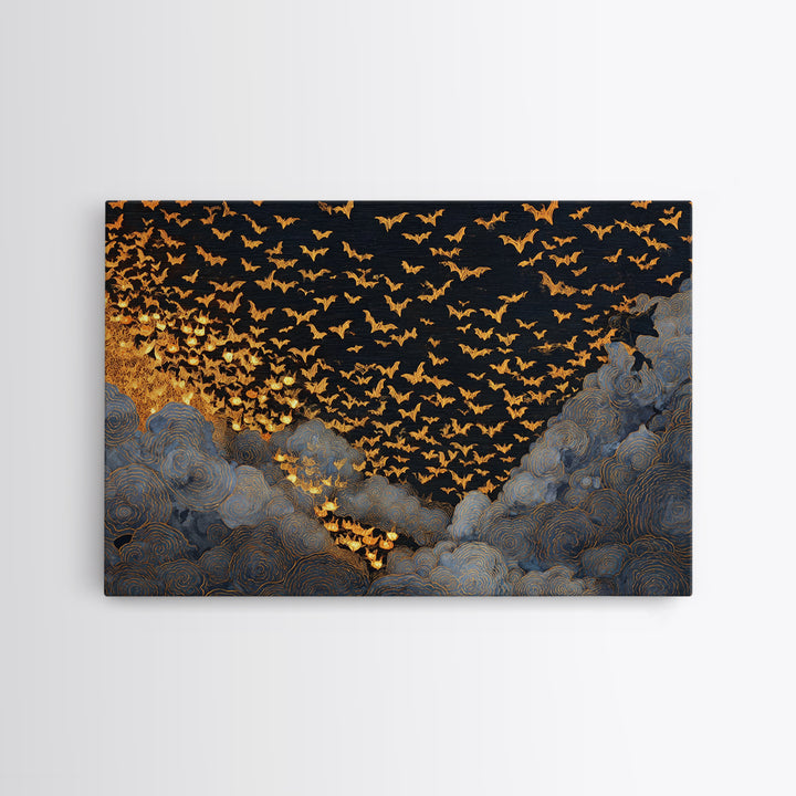 The Golden Bat Swarm - Procession Scene, Spooky Wall Decor, Landscape Wall Art, Framed Canvas Print, Halloween Home Decor, Gothic Wall Art