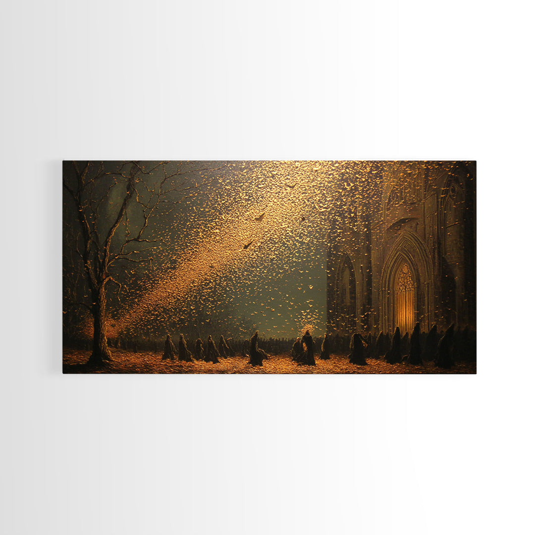 The Golden Bat Swarm - Procession Scene, Occult Wall Decor, Wide Panoramic Art, Canvas Print, Halloween Home Decor, Gothic Wall Art