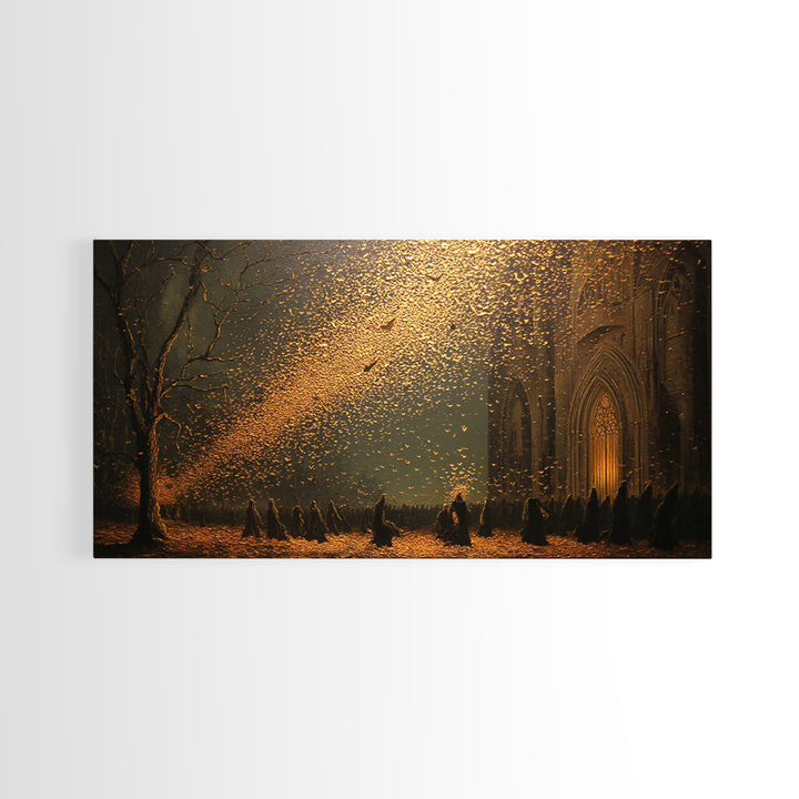 The Golden Bat Swarm - Procession Scene, Occult Wall Decor, Wide Panoramic Art, Canvas Print, Halloween Home Decor, Gothic Wall Art