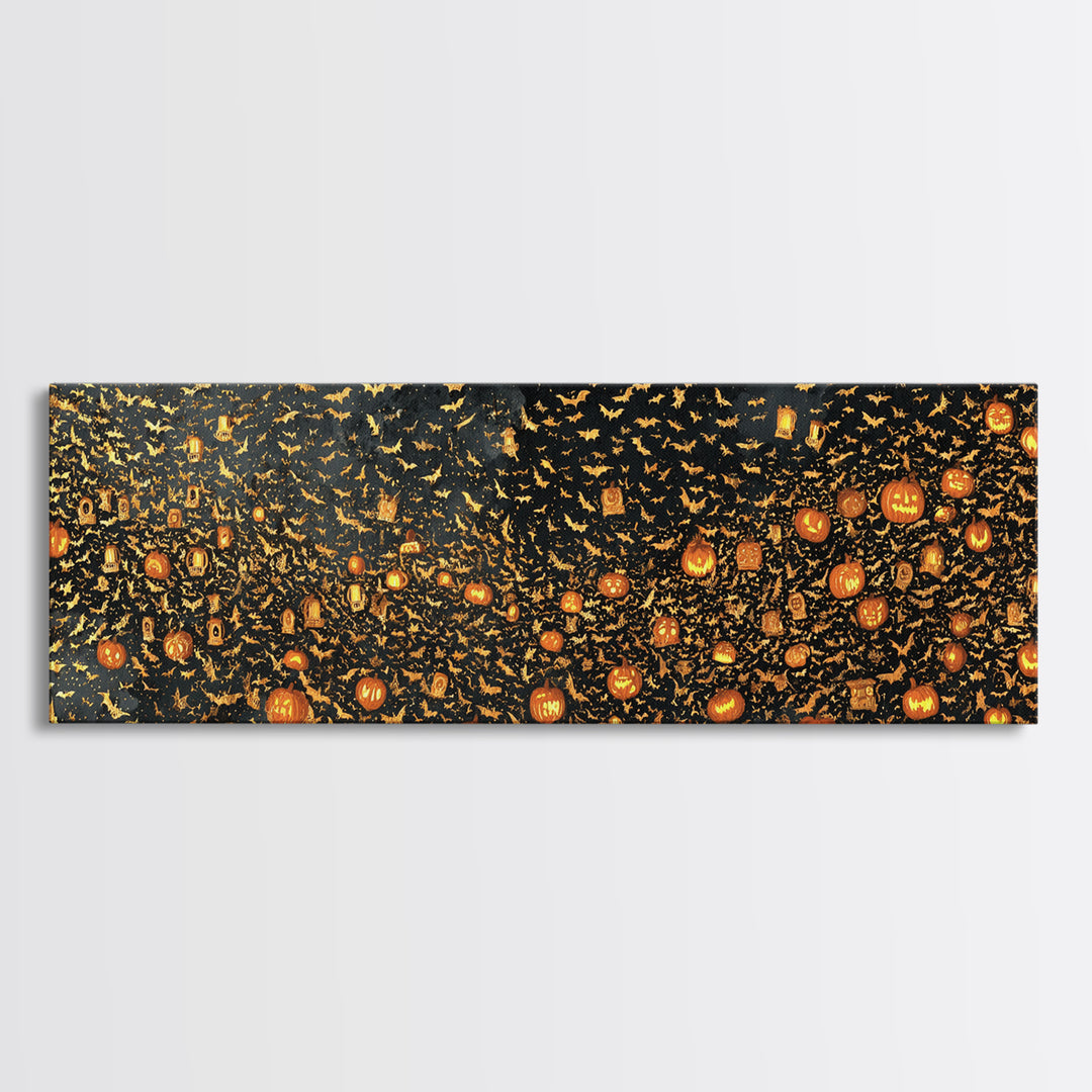 The Golden Bat Swarm - Procession Scene, Gothic Home Decor, Extra Wide Wall Art, Canvas Print, Halloween Home Decor, Gothic Wall Art