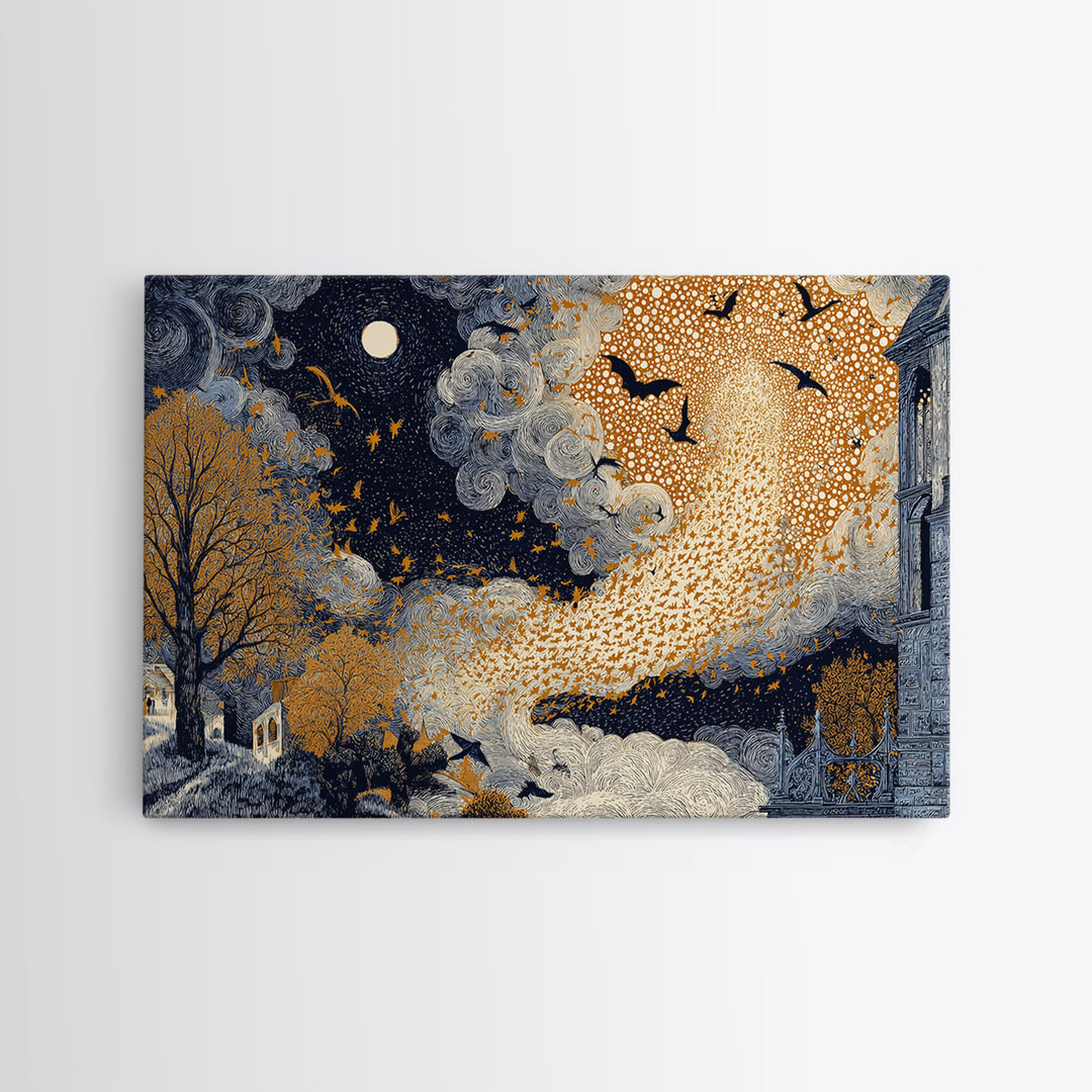 The Golden Bat Swarm - Surreal Celestial Vision, Occult Wall Decor, Landscape Wall Art, Canvas Print, Halloween Home Decor, Gothic Wall Art